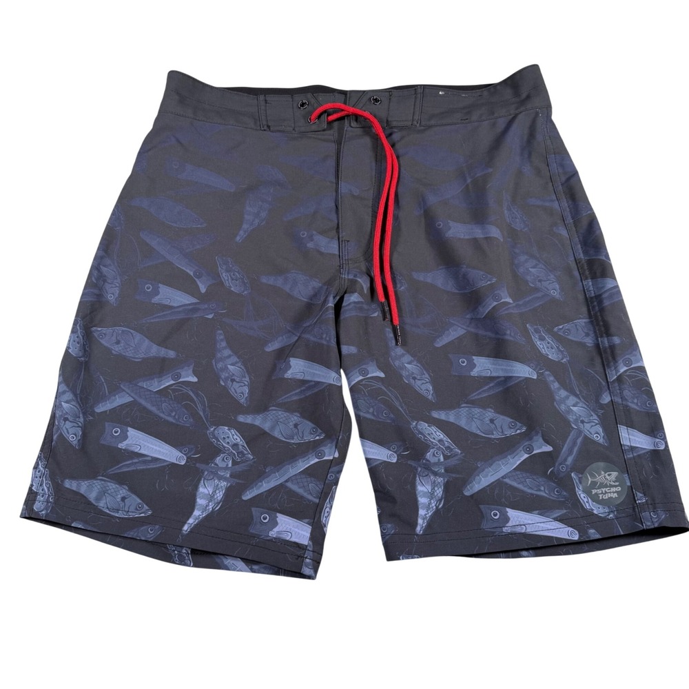 Psycho Tuna Board Shorts Mens 30 Charcoal Grey Fish Lure Print 4-Way Stretch‎